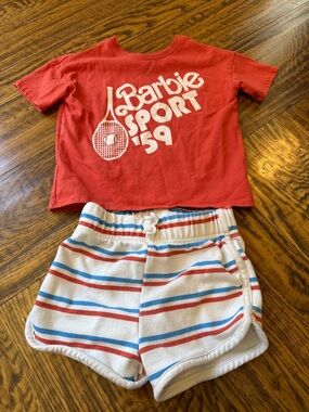 Barbie Red Tee with White Striped Knit Shorts